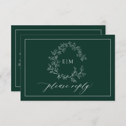 Emerald Green Leafy Crest Monogram Wedding RSVP (Voorkant / Achterkant)