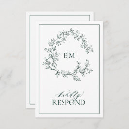 Emerald Green Leafy Crest Monogram Wedding RSVP
