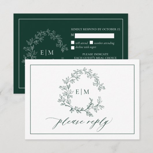 Emerald Green Leafy Crest Monogram Wedding RSVP Kaartje (Voorkant / Achterkant)