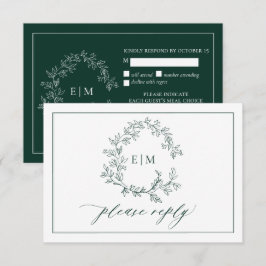 Emerald Green Leafy Crest Monogram Wedding RSVP Kaartje