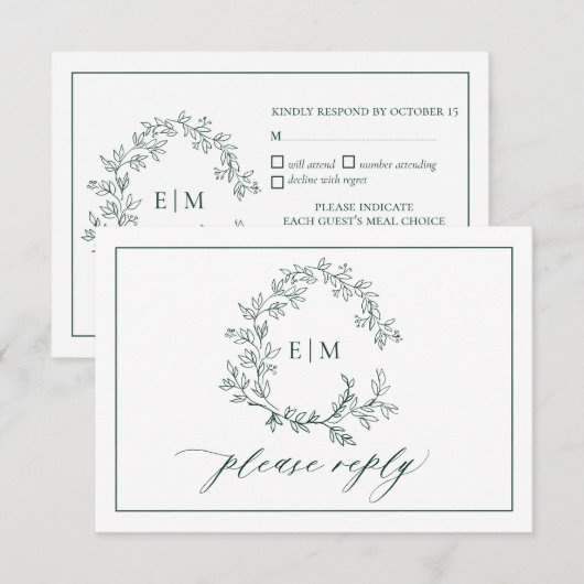 Emerald Green Leafy Crest Monogram Wedding RSVP Kaartje (Voorkant / Achterkant)
