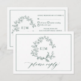 Emerald Green Leafy Crest Monogram Wedding RSVP Kaartje