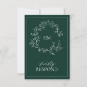 Emerald Green Leafy Crest Monogram Wedding RSVP Kaartje (Voorkant)
