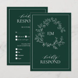 Emerald Green Leafy Crest Monogram Wedding RSVP Kaartje