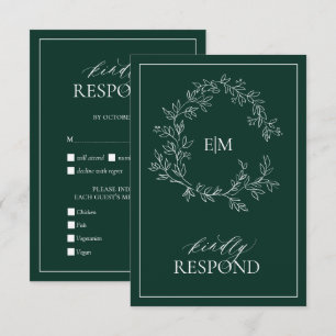 Emerald Green Leafy Crest Monogram Wedding RSVP Kaartje