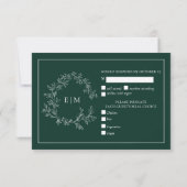 Emerald Green Leafy Crest Monogram Wedding RSVP Kaartje (Achterkant)