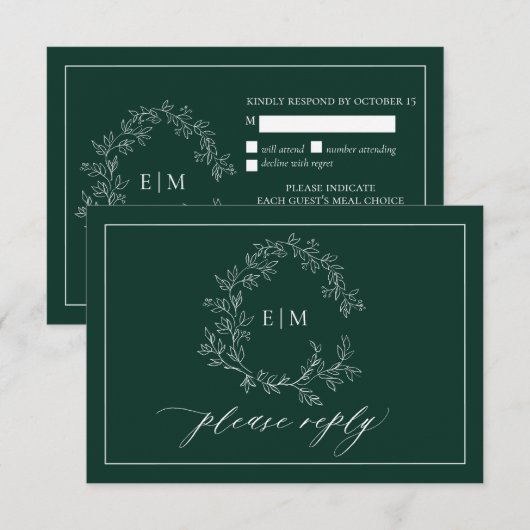 Emerald Green Leafy Crest Monogram Wedding RSVP Kaartje (Voorkant / Achterkant)