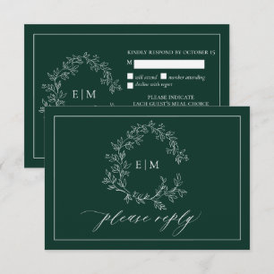 Emerald Green Leafy Crest Monogram Wedding RSVP Kaartje