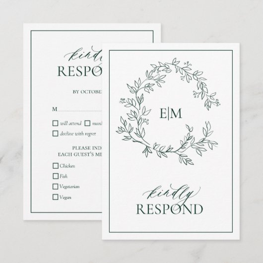 Emerald Green Leafy Crest Monogram Wedding RSVP Kaartje (Voorkant / Achterkant)