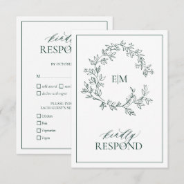 Emerald Green Leafy Crest Monogram Wedding RSVP Kaartje