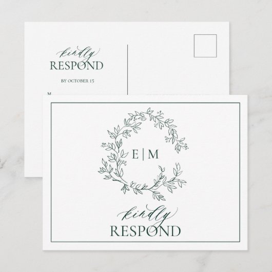 Emerald Green Leafy Crest Monogram Wedding RSVP Uitnodiging Briefkaart (Voorkant / Achterkant)