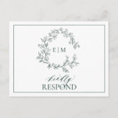 Emerald Green Leafy Crest Monogram Wedding RSVP Uitnodiging Briefkaart (Voorkant)