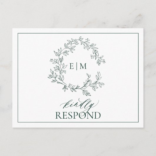 Emerald Green Leafy Crest Monogram Wedding RSVP Uitnodiging Briefkaart (Voorkant)