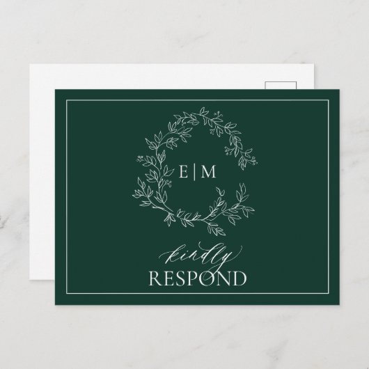 Emerald Green Leafy Crest Monogram Wedding RSVP Uitnodiging Briefkaart (Voorkant / Achterkant)