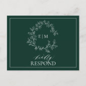 Emerald Green Leafy Crest Monogram Wedding RSVP Uitnodiging Briefkaart (Voorkant)