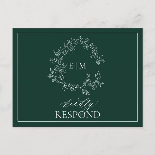 Emerald Green Leafy Crest Monogram Wedding RSVP Uitnodiging Briefkaart (Voorkant)