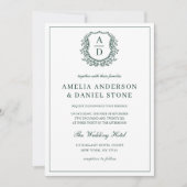 Emerald Green Leafy Floral Crest Monogram Huwelijk Kaart (Voorkant)