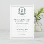 Emerald Green Leafy Floral Crest Monogram Huwelijk Kaart (Staand voorkant)