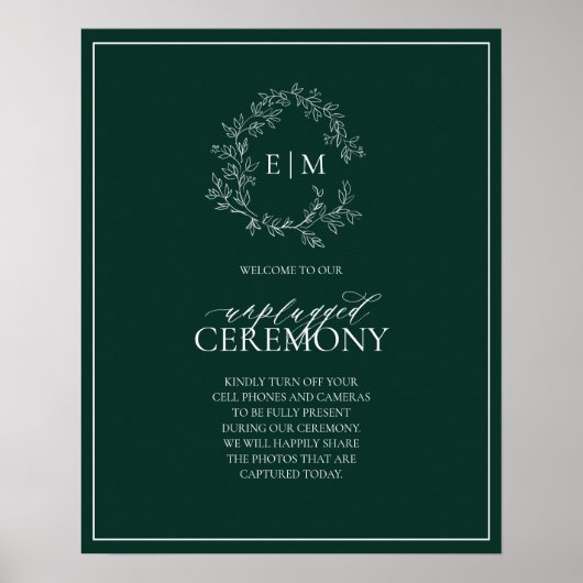 Emerald Green Leafy Monogram Unplugged Wedding Poster (Voorkant)