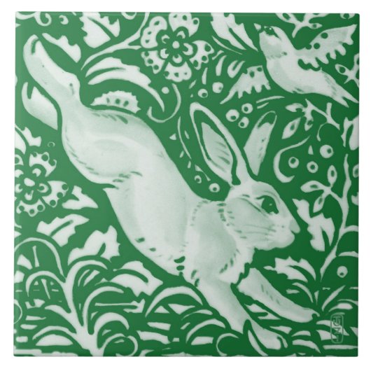 Emerald Green Leaping Rabbit Bunny Floral Garden Tegeltje (Voorkant)
