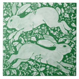 Emerald Green Leaping Rabbits Chinoiserie Floral Tegeltje