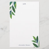 Emerald Green Leaves Monogram Briefpapier (Voorkant)