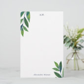 Emerald Green Leaves Monogram Briefpapier (Staand voorkant)