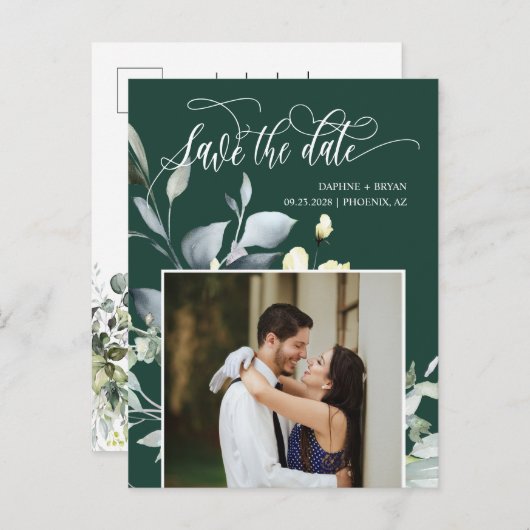 Emerald Green Leaves QR Code Foto Sla de datum op Aankondigingskaart (Voorkant / Achterkant)