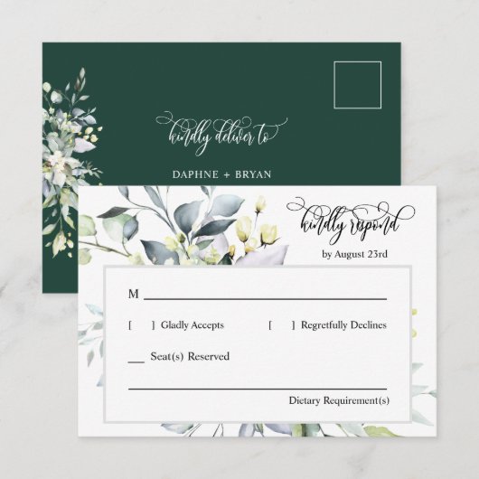 Emerald Green Leaves-reactie met adresdrager RSVP Kaartje (Voorkant / Achterkant)