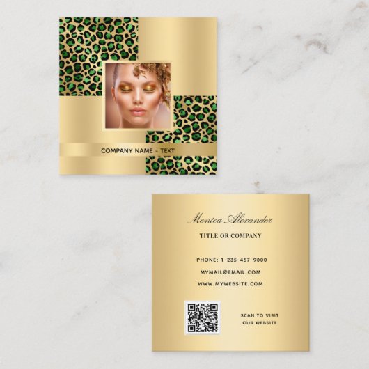 Emerald green leopard gouden foto QR-code Vierkante Visitekaartje (Voorkant / Achterkant)