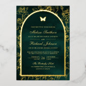 Emerald Green Line Art Arch Butterfly Wedding Gold Folie Uitnodiging (Voorkant)