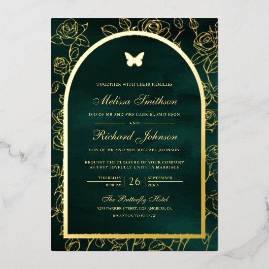 Emerald Green Line Art Arch Butterfly Wedding Gold Folie Uitnodiging (Voorkant)