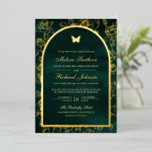 Emerald Green Line Art Arch Butterfly Wedding Gold Folie Uitnodiging (Staand Voorkant)