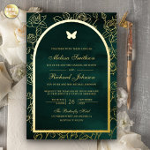 Emerald Green Line Art Arch Butterfly Wedding Gold Folie Uitnodiging