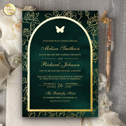 Emerald Green Line Art Arch Butterfly Wedding Gold Folie Uitnodiging