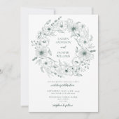Emerald Green Line Art Floral Wreath Wedding Kaart (Voorkant)