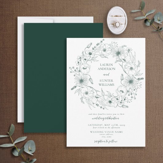 Emerald Green Line Art Floral Wreath Wedding Kaart
