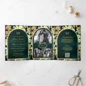 Emerald Green Line Art Gold Arch Butterfly Wedding Drieluik Uitnodiging (Binnen)