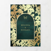 Emerald Green Line Art Gold Arch Butterfly Wedding Drieluik Uitnodiging (Cover)