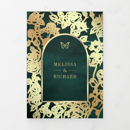 Emerald Green Line Art Gold Arch Butterfly Wedding Drieluik Uitnodiging (Cover)