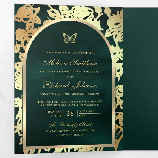 Emerald Green Line Art Gold Arch Butterfly Wedding Drieluik Uitnodiging (Binnenzijde eerst)