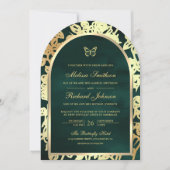 Emerald Green Line Art Gold Arch Butterfly Wedding Kaart (Voorkant)