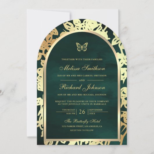 Emerald Green Line Art Gold Arch Butterfly Wedding Kaart (Voorkant)