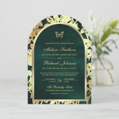 Emerald Green Line Art Gold Arch Butterfly Wedding Kaart (Staand voorkant)