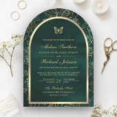 Emerald Green Line Art Gold Arch Butterfly Wedding Kaart