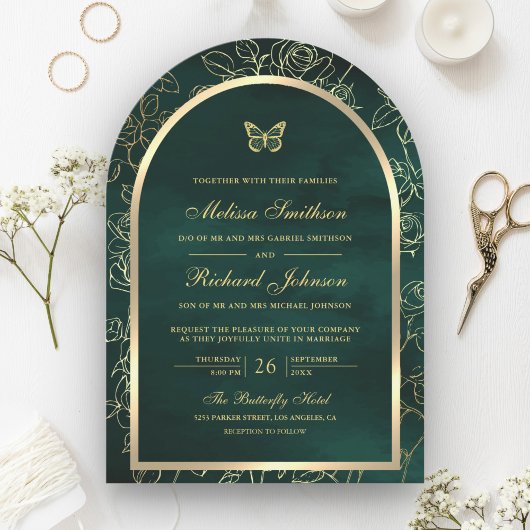Emerald Green Line Art Gold Arch Butterfly Wedding Kaart
