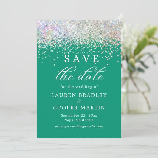 Emerald Green Luxury Glitter Wedding Save the Date (Staand voorkant)