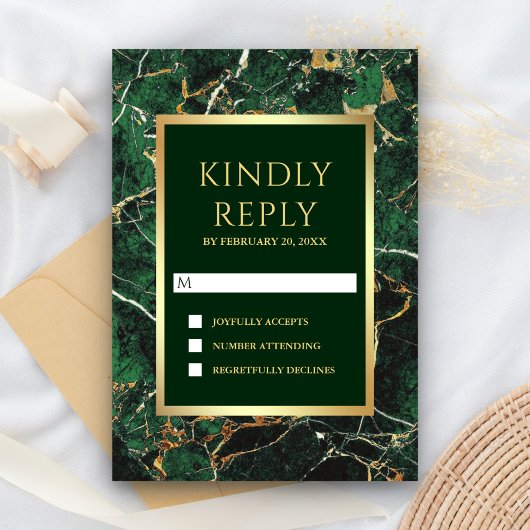 Emerald Green Marble Faux Gold Foil Weddenschap RSVP Kaartje