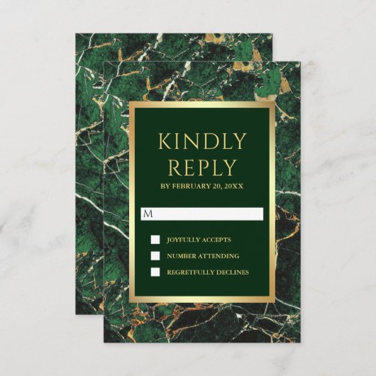 Emerald Green Marble Faux Gold Foil Weddenschap RSVP Kaartje (Voorkant / Achterkant)
