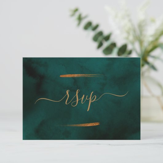 Emerald Green Marble & Gold Eucalyptus RSVP Kaartje (Staand voorkant)